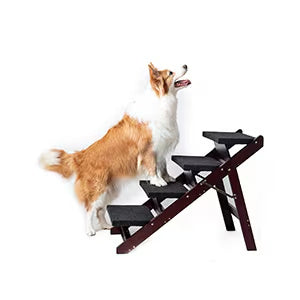 Wooden Dog Stairs Steps - Foldable 4 Levels Pet Stairs & Ramp Perfect For Beds And Cats